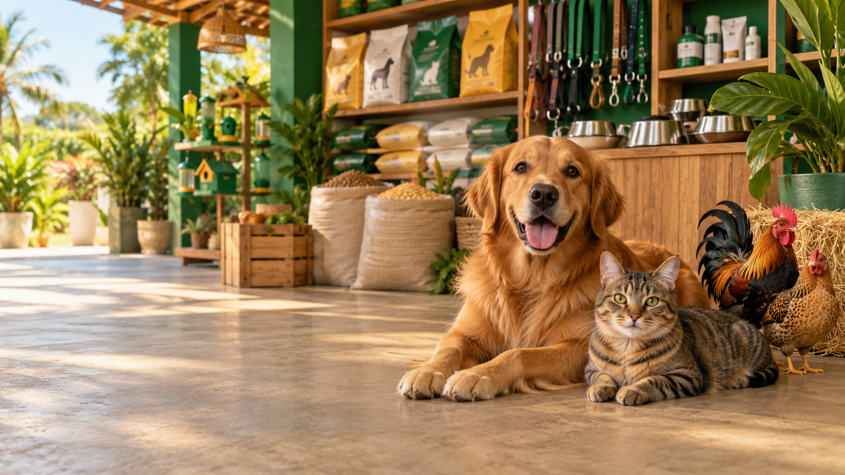 Cão, gato, aves e produtos de uma loja pet e agro